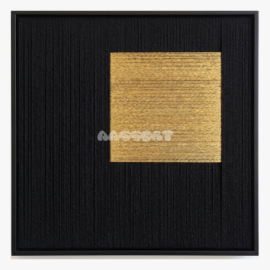 Night Altar, framed textile wall art with an offset gold-colored square on black vertical fibers.