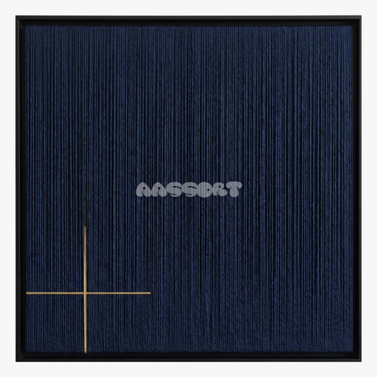 Executive Mark, framed textile wall art with navy vertical fibers with a small gold-colored cross.