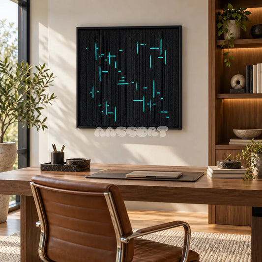 Broken Score textile wall art displayed above a desk in a home office.