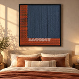 Held Space textile wall art displayed above a bed in a sunlit bedroom.