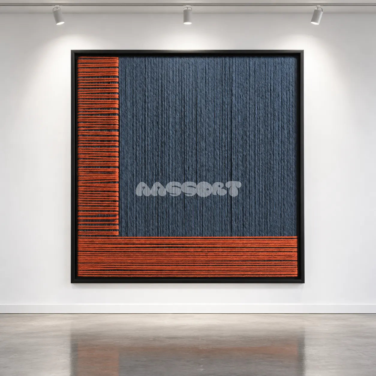 Held Space textile wall art displayed on a gallery wall under spotlights.