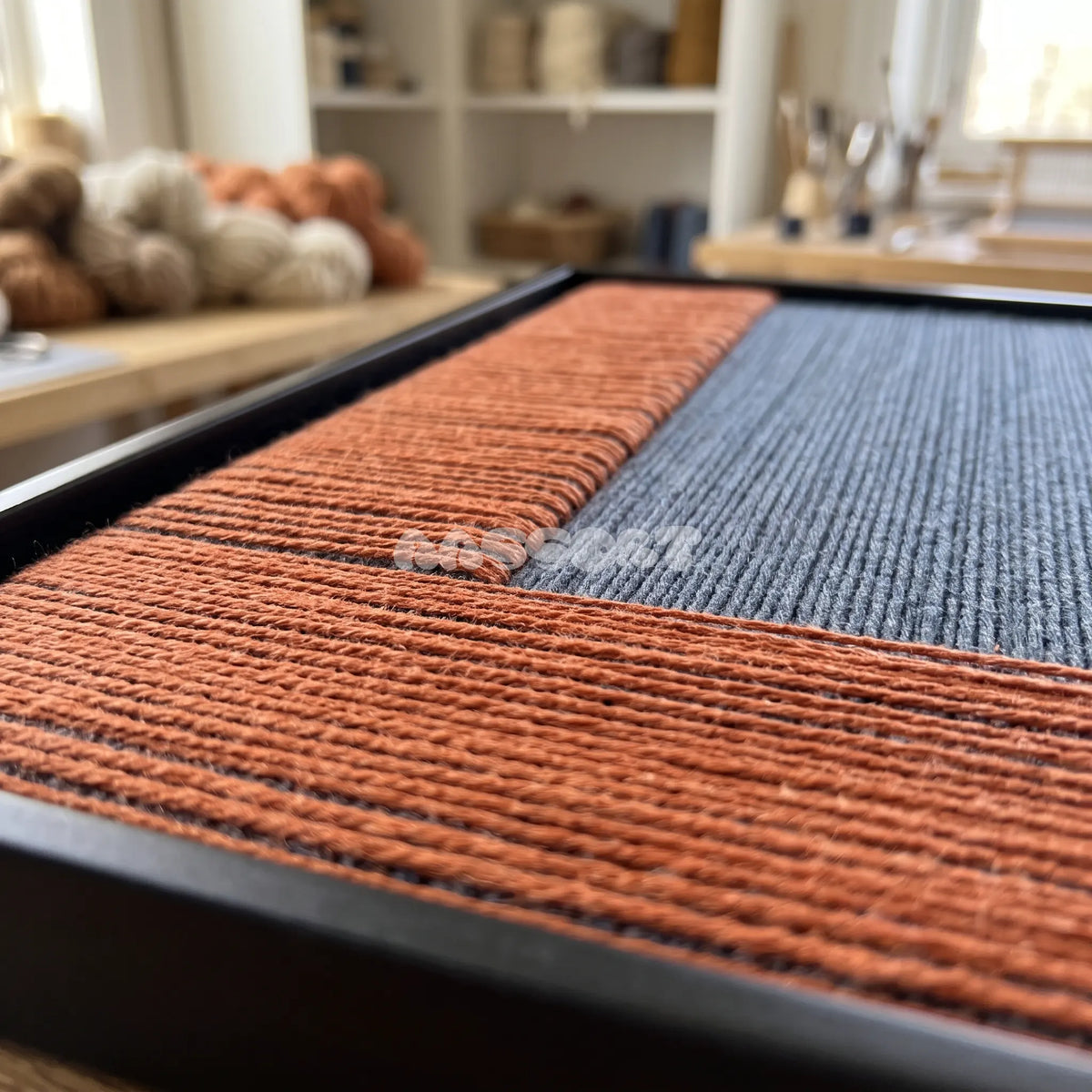 Held Space textile art detail: low-angle view of the raised rust-orange border and navy fibers.
