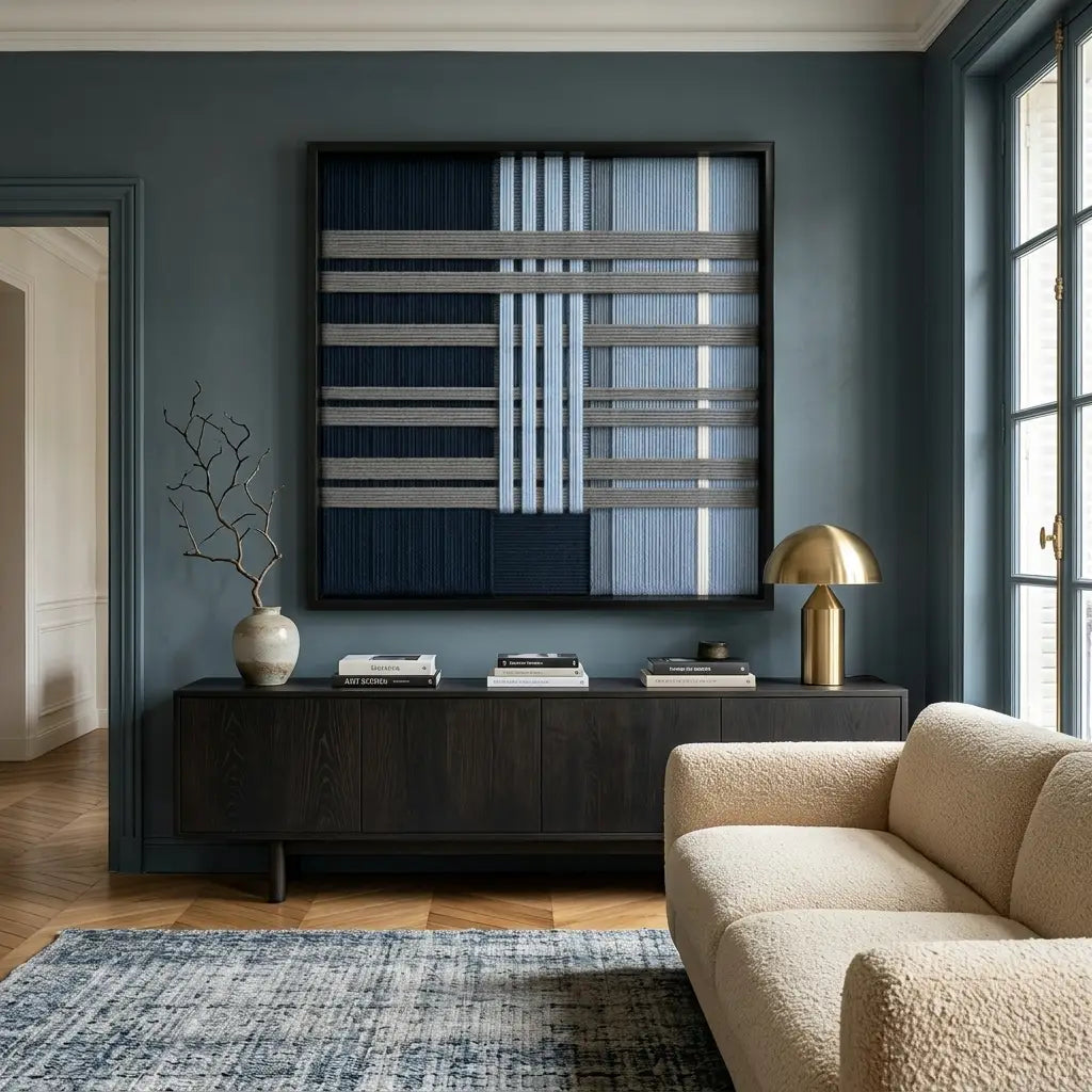 The Starry Latitude hand-woven tapestry creates a calm focal point above a cream sofa in a stylish living room with blue walls.