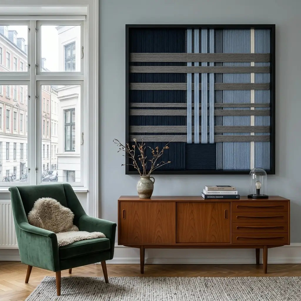 Framed Starry Latitude textile wall art styled elegantly above a wooden sideboard in a sunlit modern living room setting.