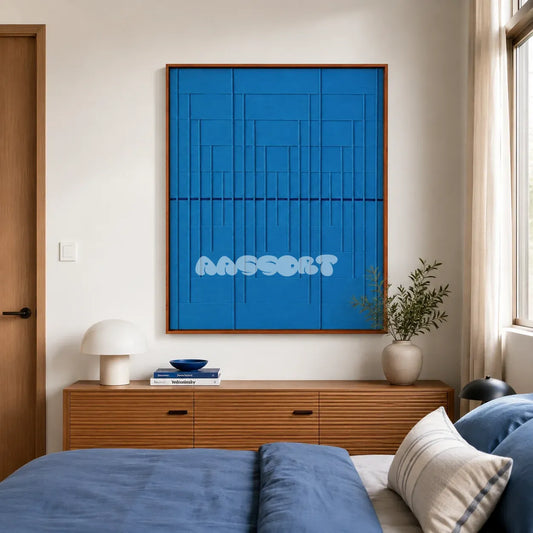 Submersion cerulean blue geometric textile wall art displayed above a wood dresser in a bright modern bedroom with blue bedding.