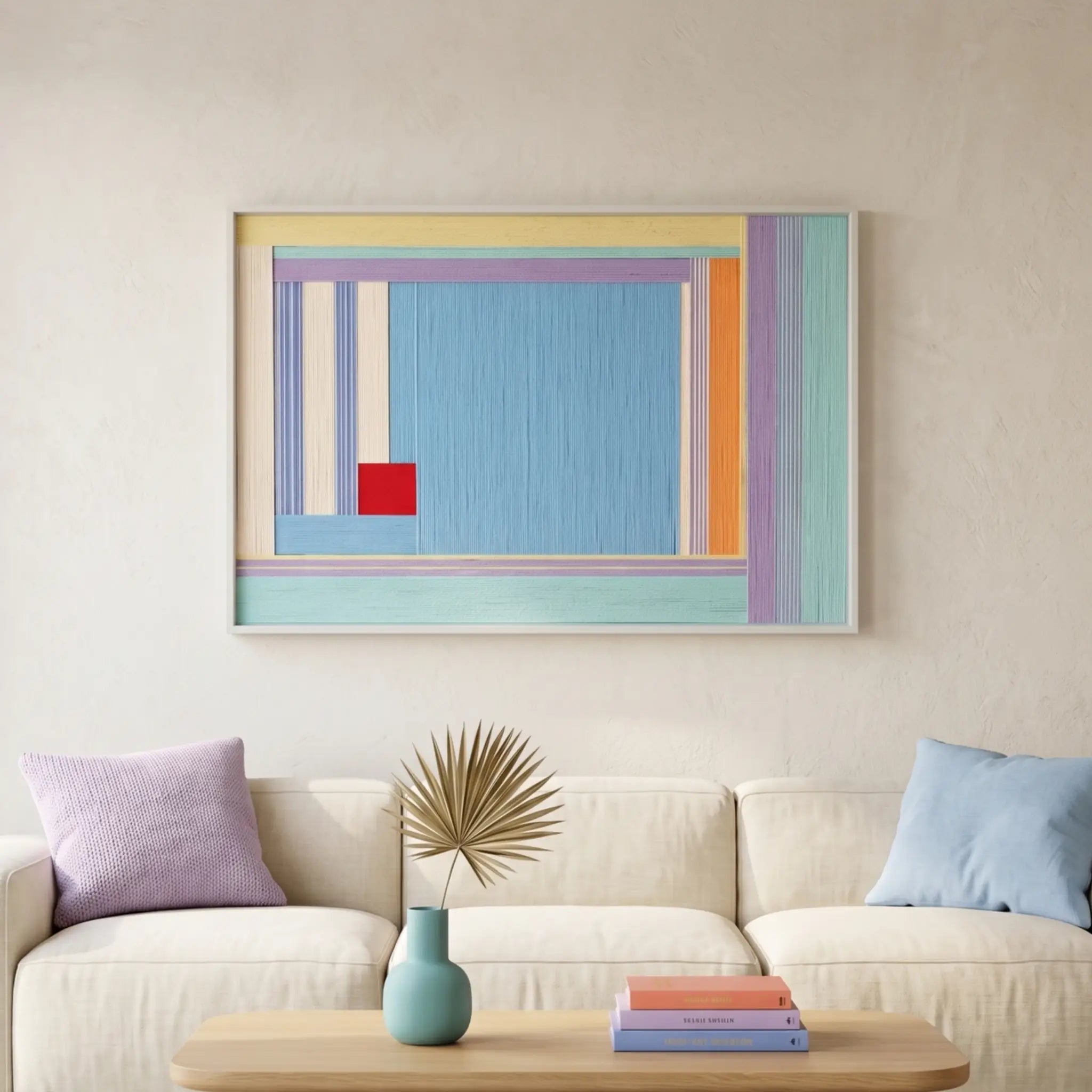 Large-scale textured fiber wall art centered above a cream couch with colorful accent pillows in a contemporary sunlit lounge.