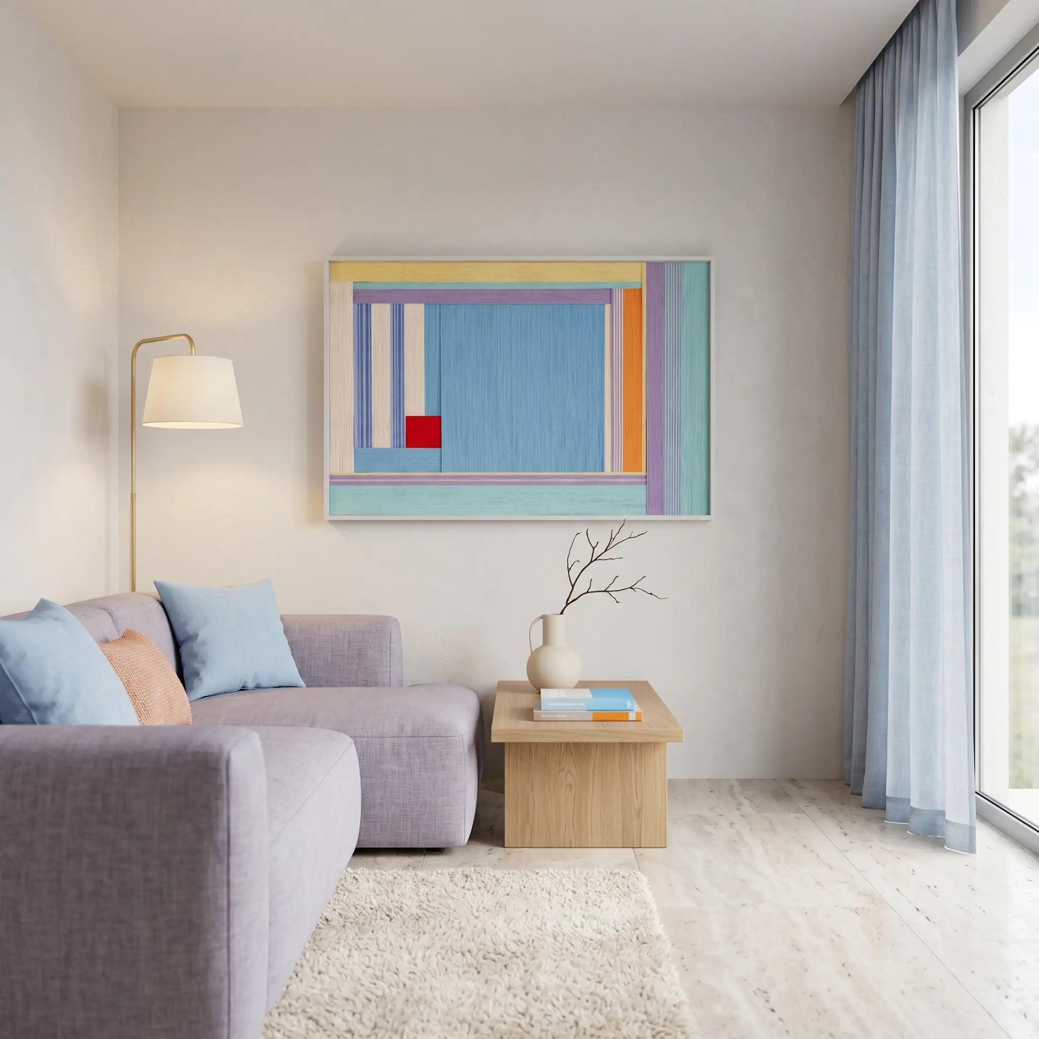 Modern hand-woven wool wall hanging styled in a bright living room above a lilac sofa and light wood side table.