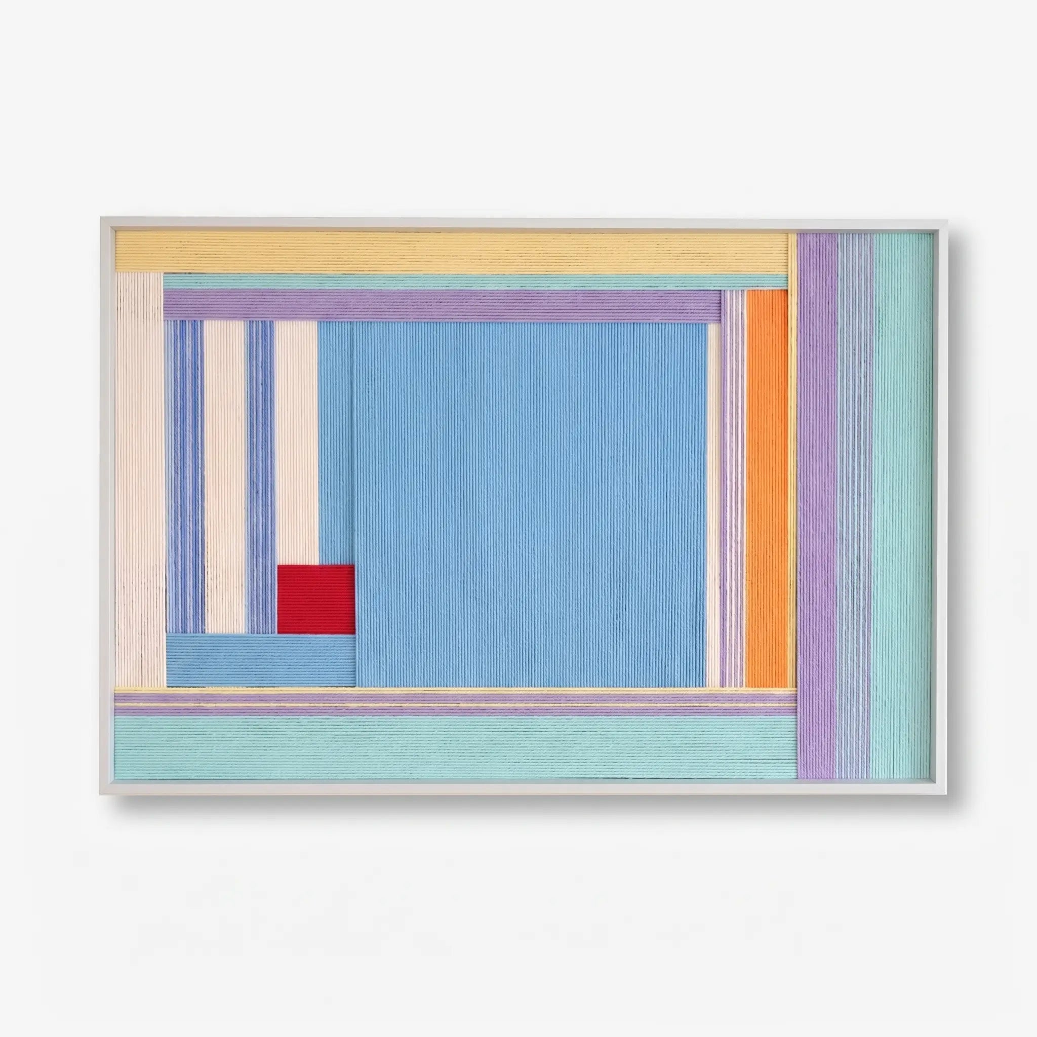 High-resolution front view of the Summer Letter hand-woven wool tapestry showcasing the intricate colorful textures and clean white frame.