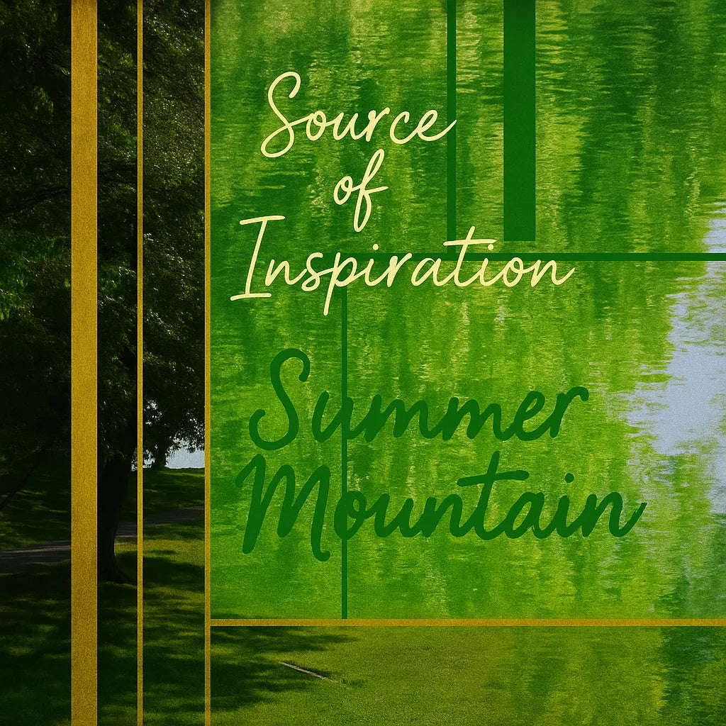 Inspiration graphic for Summer Mountain Walk featuring a misty mountain forest motif and the quote “Find serenity in every summit” to convey the artwork’s outdoor spirit.
