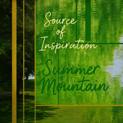 Inspiration graphic for Summer Mountain Walk featuring a misty mountain forest motif and the quote “Find serenity in every summit” to convey the artwork’s outdoor spirit.
