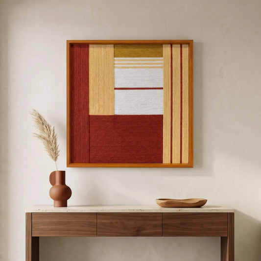 Large hand-woven wool tapestry displayed above a dark wood console table in a minimalist living room with pampas grass and terracotta decor.