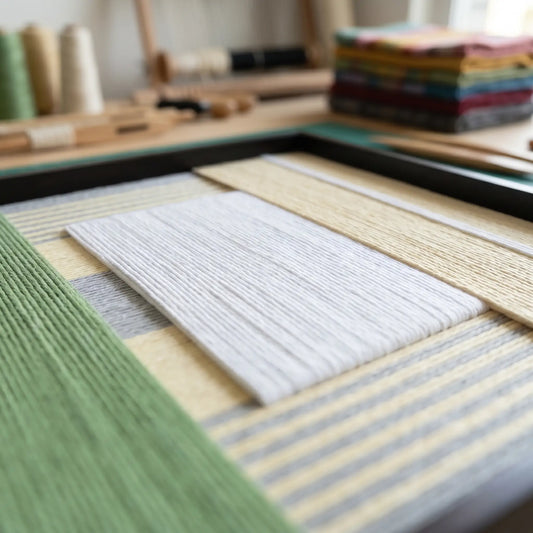 An angled shot of the textured fiber wall art in a workshop setting, showcasing the dimensional depth of the woven green and yellow wool.