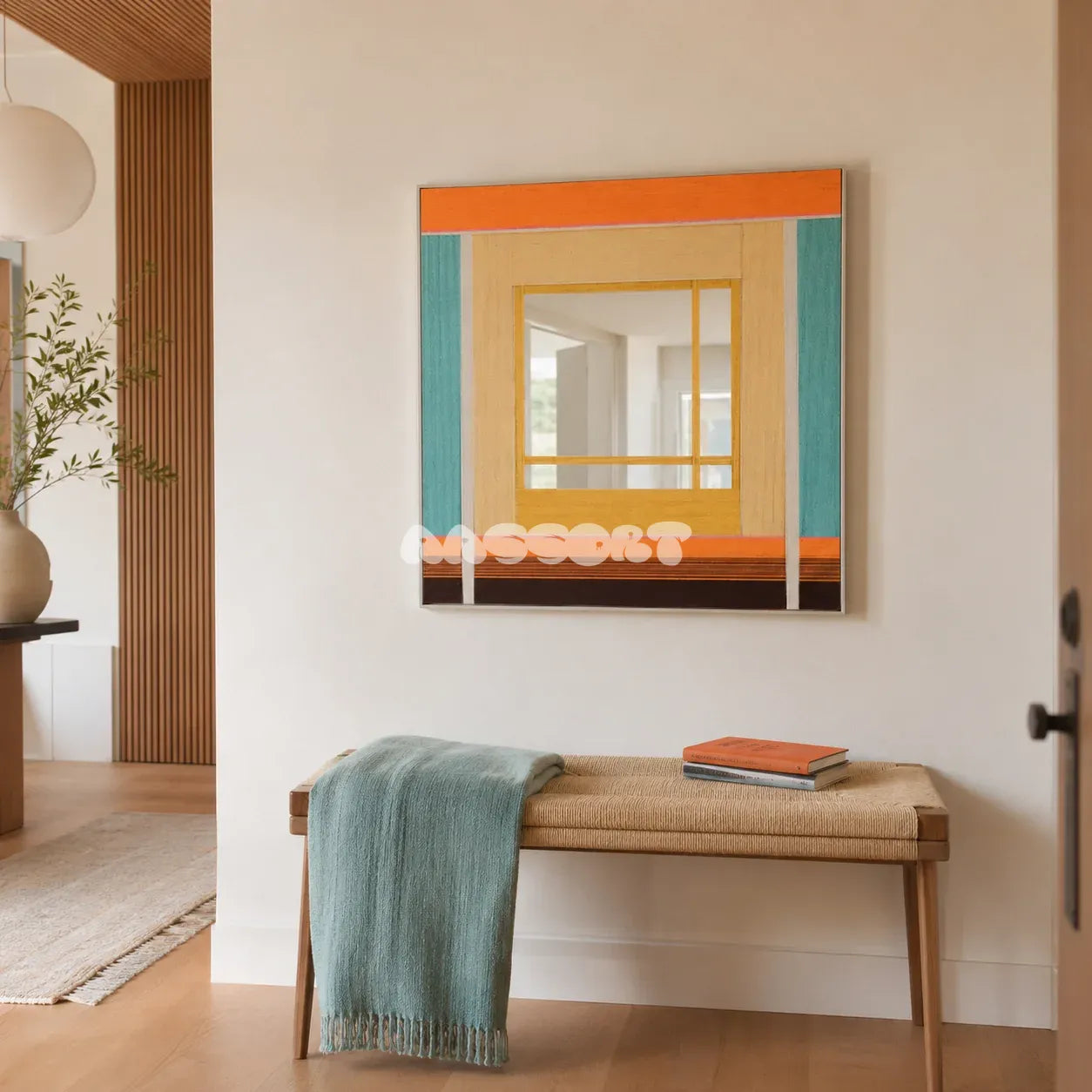 Sun-Drenched Days colorful yarn-framed mirror displayed above a woven bench in a bright modern entryway.