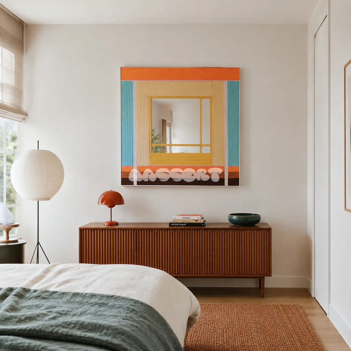 Sun-Drenched Days colorful yarn-framed mirror displayed above a wooden sideboard in a warm modern bedroom.