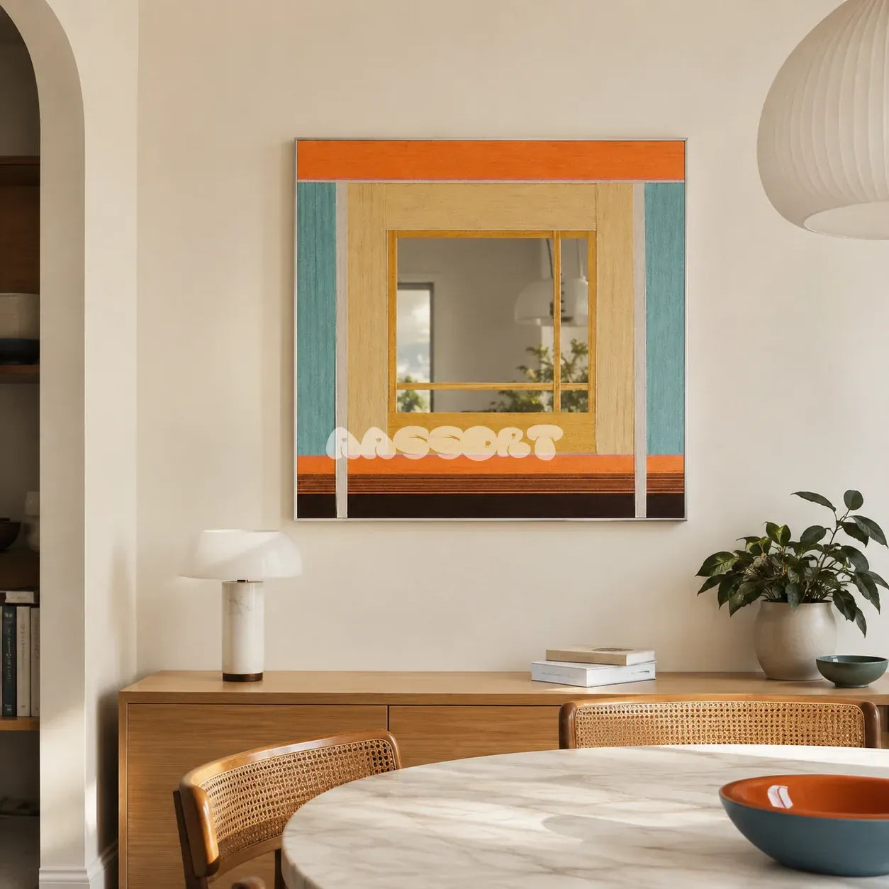 Sun-Drenched Days colorful yarn-framed mirror displayed above a wooden sideboard in a bright modern dining room.