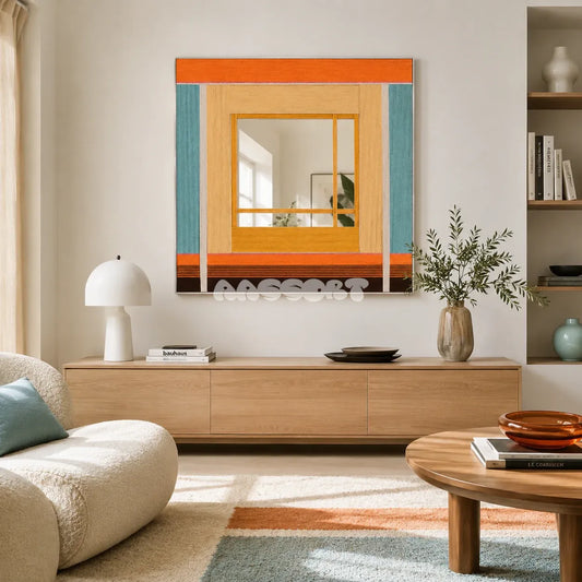 Sun-Drenched Days orange, yellow, aqua, and brown yarn-framed mirror displayed above a wooden console in a bright modern living room.