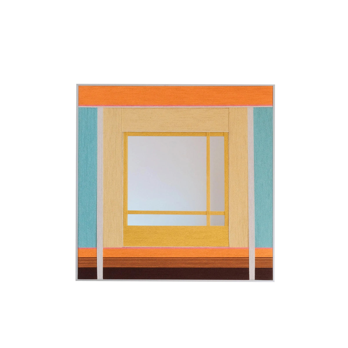 Front view of the Sun-Drenched Days geometric yarn-framed mirror in orange, yellow, aqua, cream, and brown on a white background.