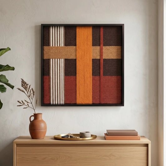 Framed textured wool wall art displayed in a sunlit living room above a light oak sideboard with minimalist terracotta pottery.