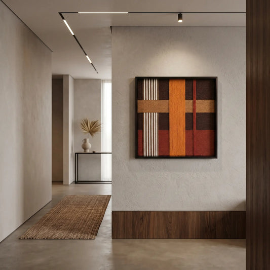 Perspective view of the Sunlit Symphony wool tapestry hanging in a contemporary minimalist hallway with light wood architectural details.