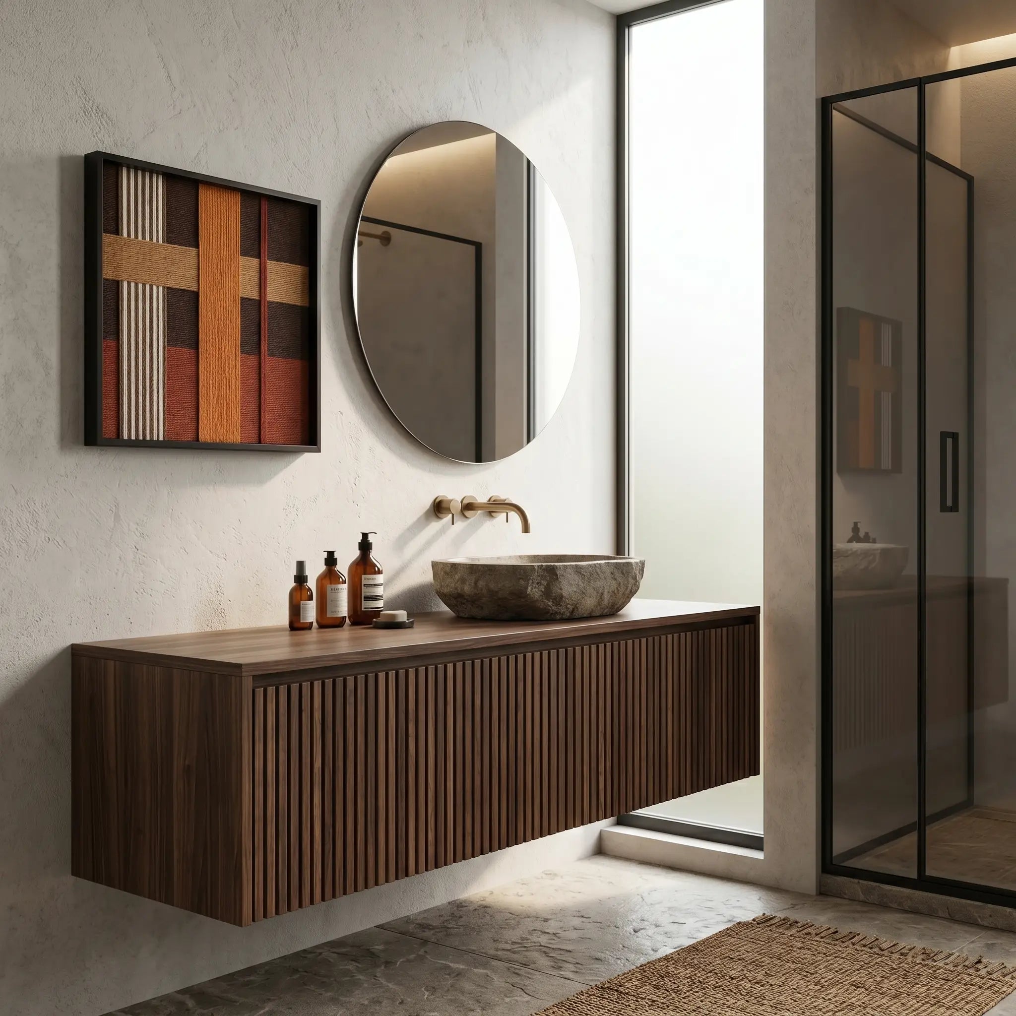 Square textured fiber art creating a warm focal point in a minimalist bathroom with a dark wood vanity and circular mirror.