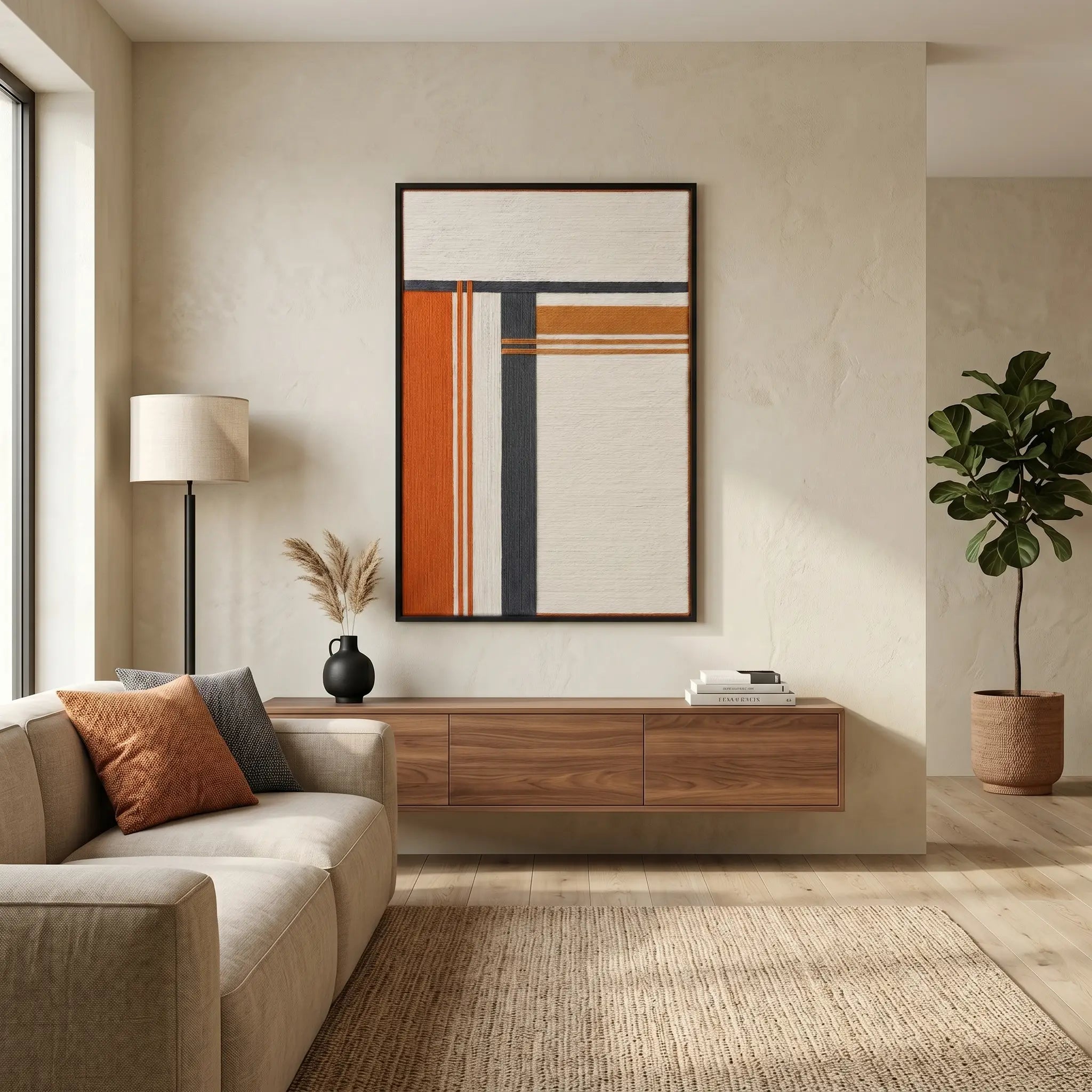 Framed wool wall art styled in a bright contemporary living room above a floating walnut sideboard with neutral furniture.