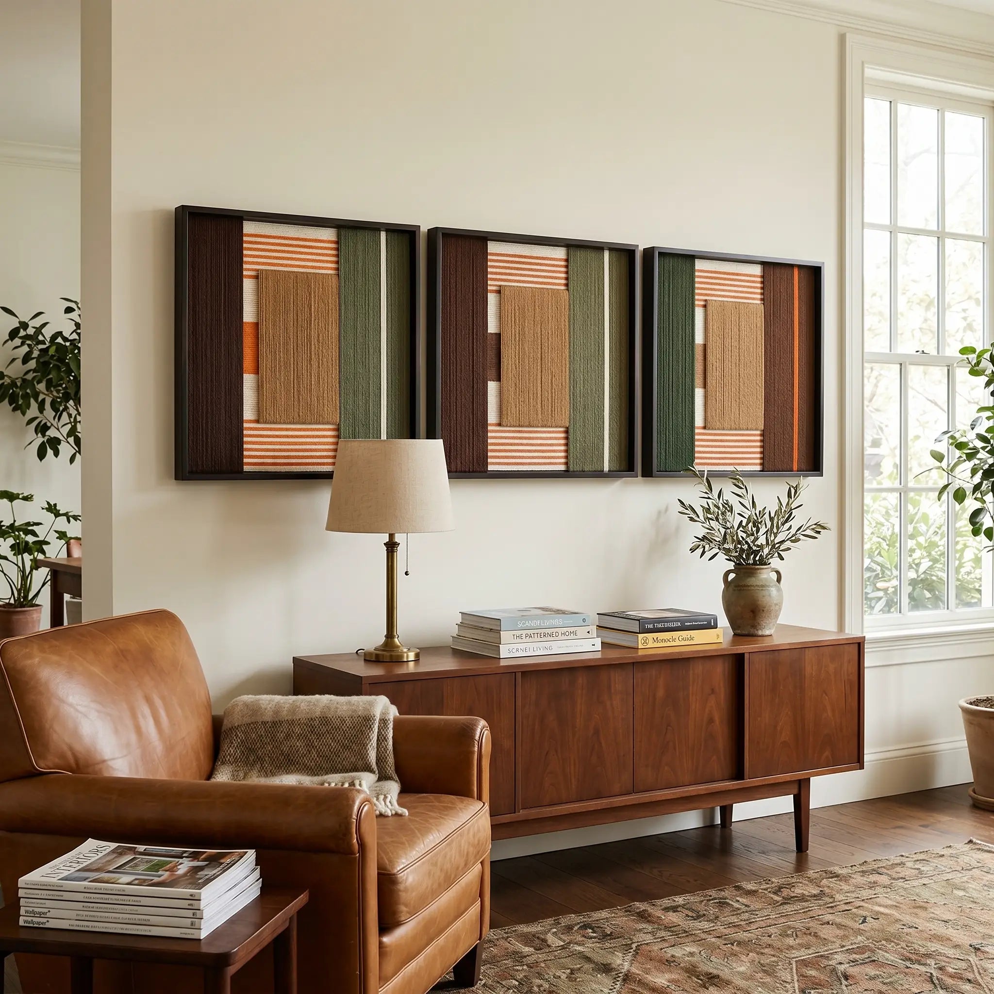 Sylvan Glow hand-woven textile art triptych styled above a dark wood sideboard next to a brown leather armchair in a sophisticated living space.