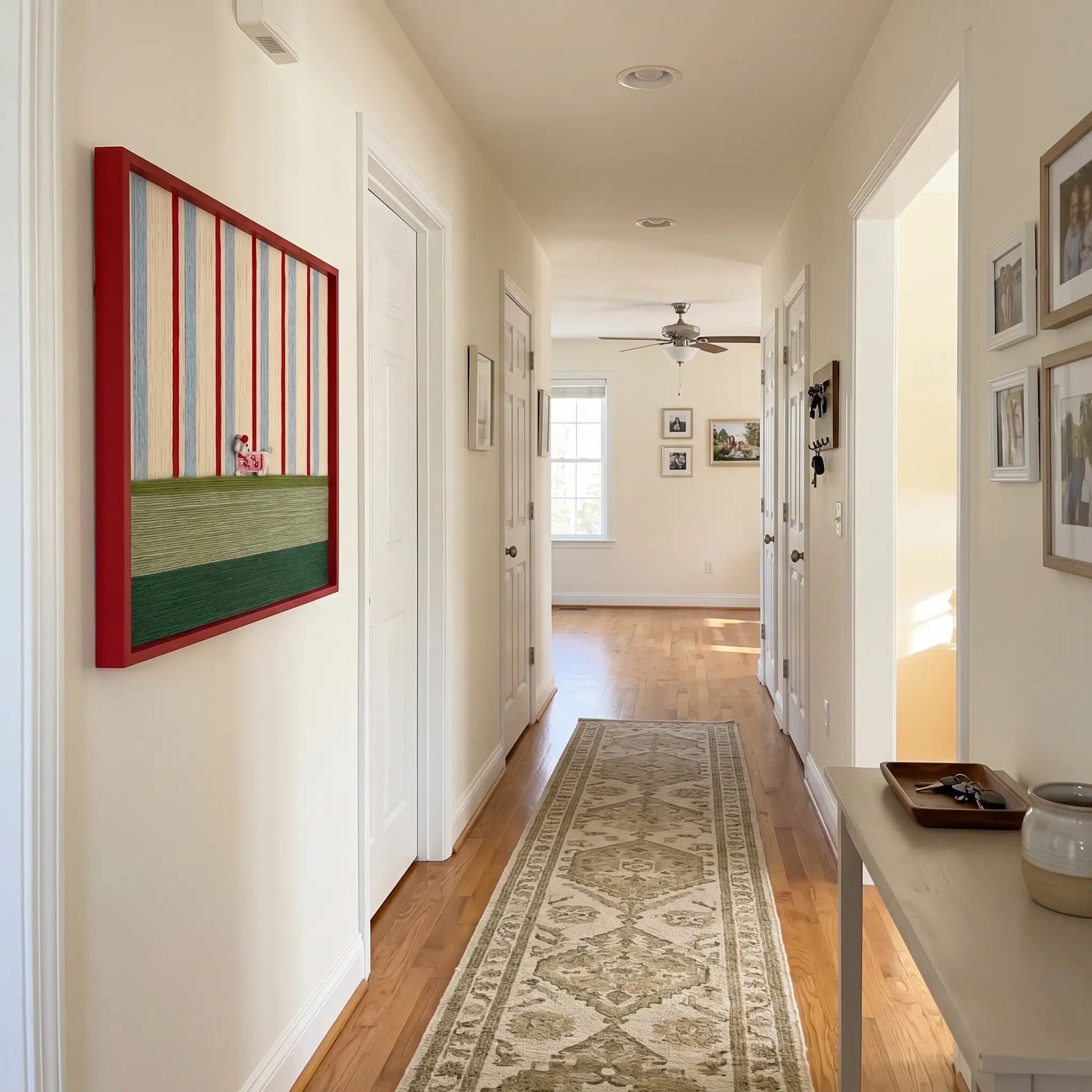 Angled perspective of the Tangerine Stripe Pup Venture textile wall art hanging on a white wall in a long, well-lit hallway corridor.