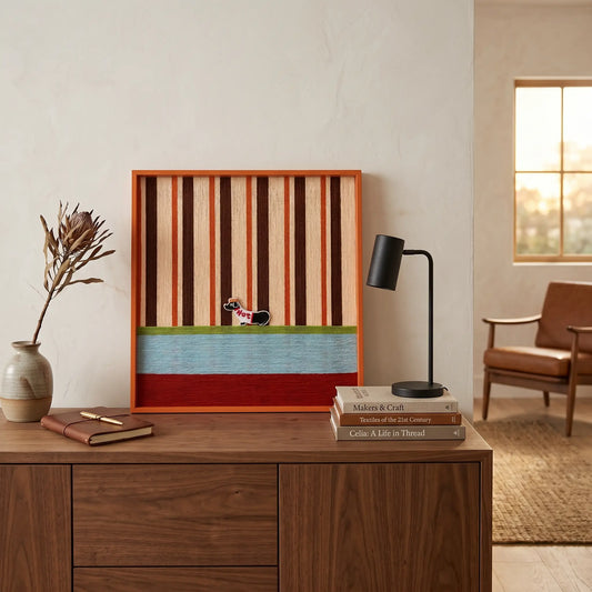 Square striped textile wall art hanging above a dark wood dresser or sideboard in a warmly lit room.