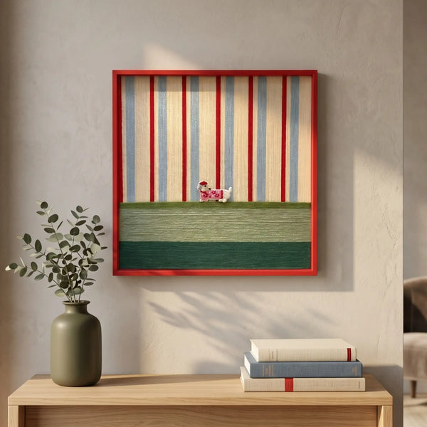 Large square Tangerine Stripe Pup Venture textile wall art featuring colorful stripes, a green color block, and a small dog detail, hanging above a light wood console table.