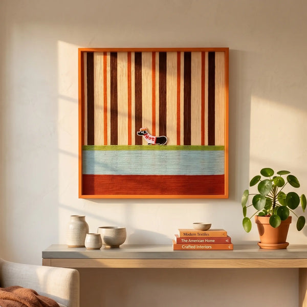 Framed striped and color-blocked textile art displayed above a light wood console table decorated with small potted plants and ceramics.