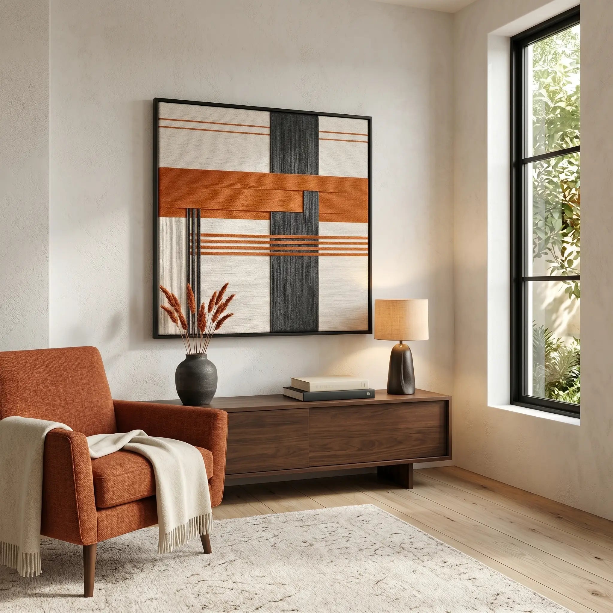 Terracotta Dusk hand-woven tapestry styled in a cozy lounge area above a low wooden credenza, complementing a rust-colored armchair.