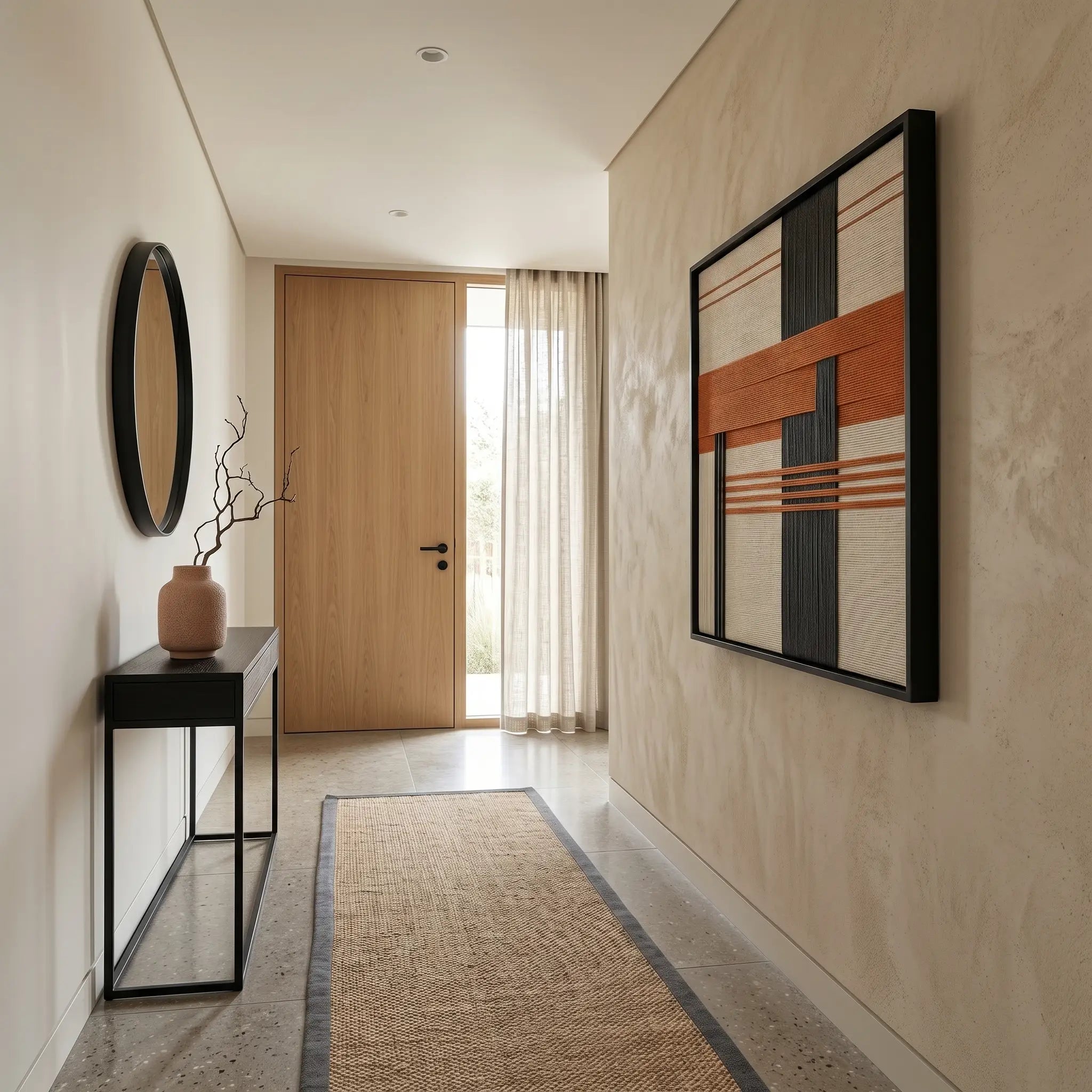 Square terracotta and cream textured wool art creating a striking focal point at the end of a well-lit minimalist hallway with a long runner rug.
