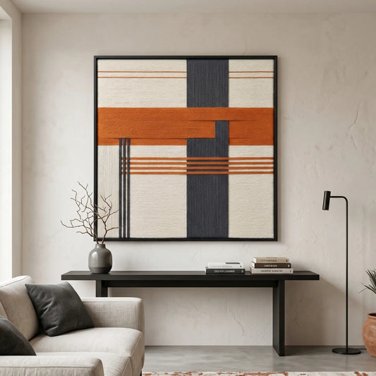 Framed terracotta and charcoal textured wool wall art styled above a sleek black console table in a modern, neutral living space.
