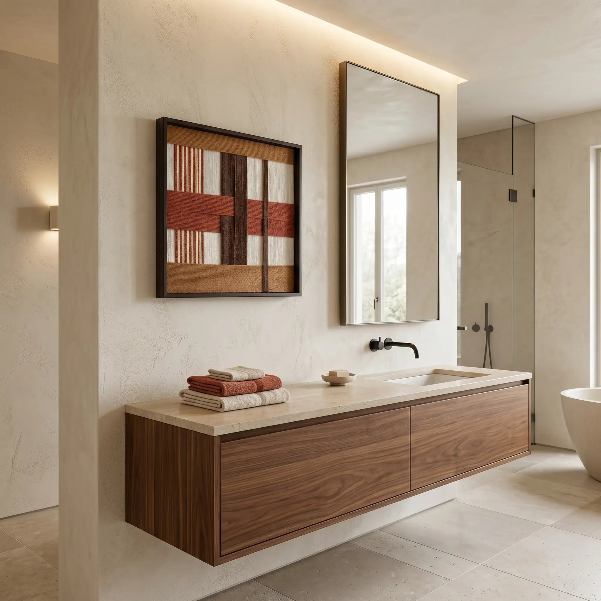 Framed textured wool wall art displayed in a luxury minimalist bathroom above a floating walnut double vanity.