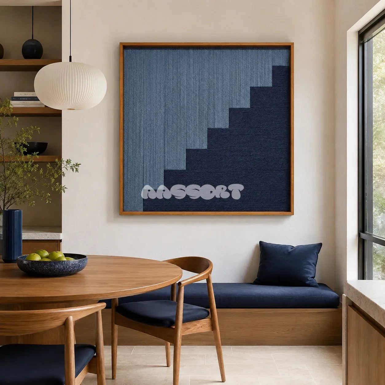 The Eighth Level blue stepped textile wall art displayed in a warm modern dining nook with natural wood furniture.