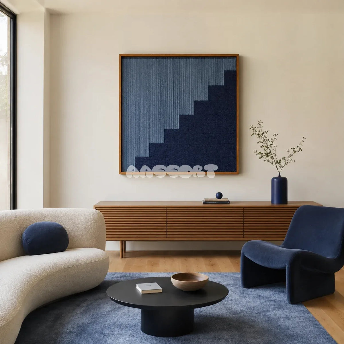 The Eighth Level blue stepped textile wall art featured above a wood sideboard in a modern lounge with sculptural seating.