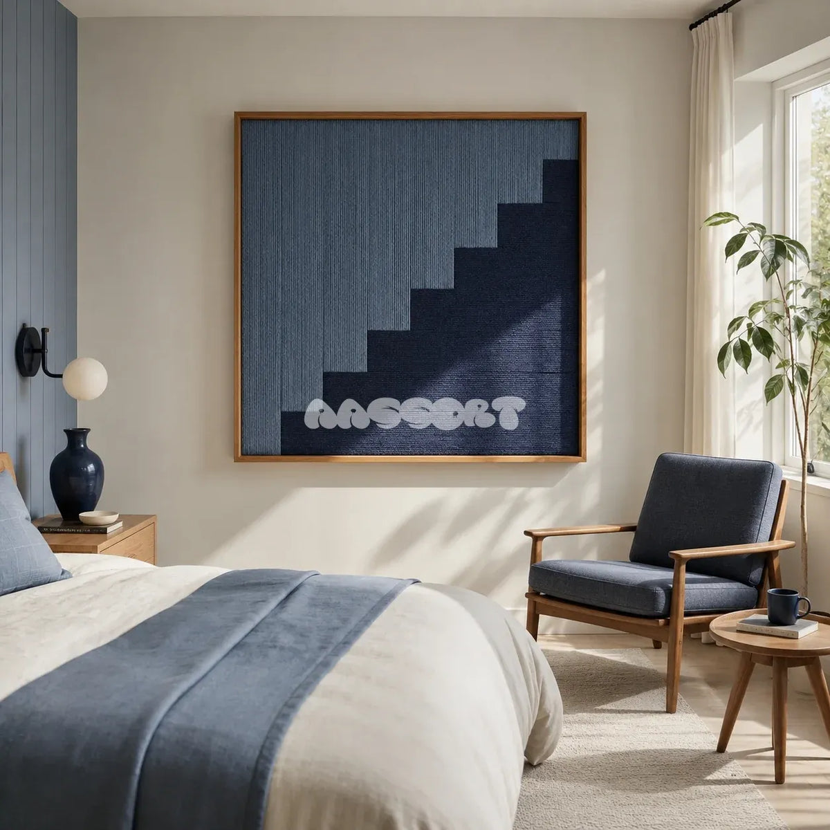The Eighth Level blue stepped textile wall art displayed in a sunlit modern bedroom with blue accents and a lounge chair.