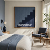 The Eighth Level blue stepped textile wall art displayed in a sunlit modern bedroom with blue accents and a lounge chair.