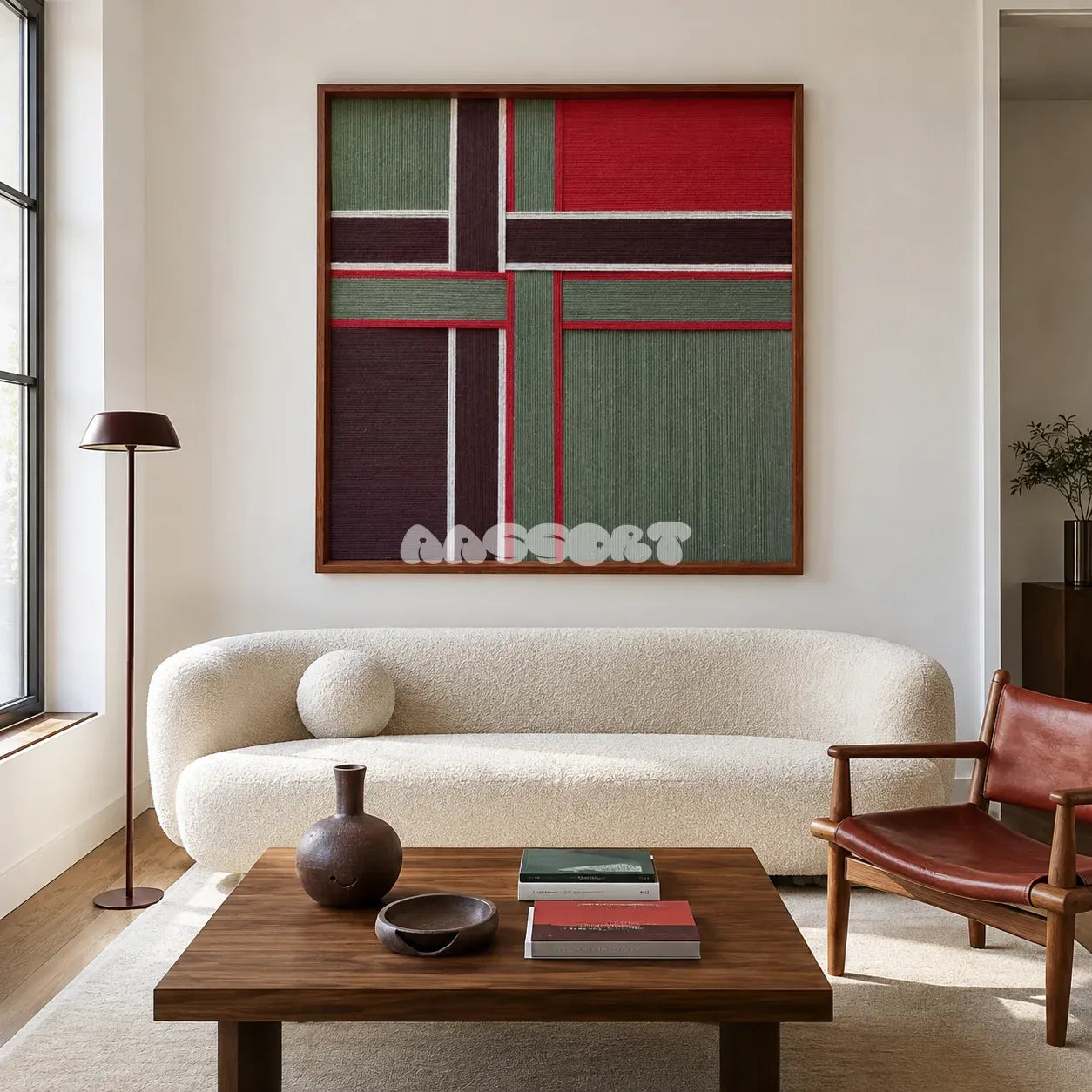 The Gift Ribbon geometric yarn wall art displayed above a curved cream sofa in a bright modern living room.