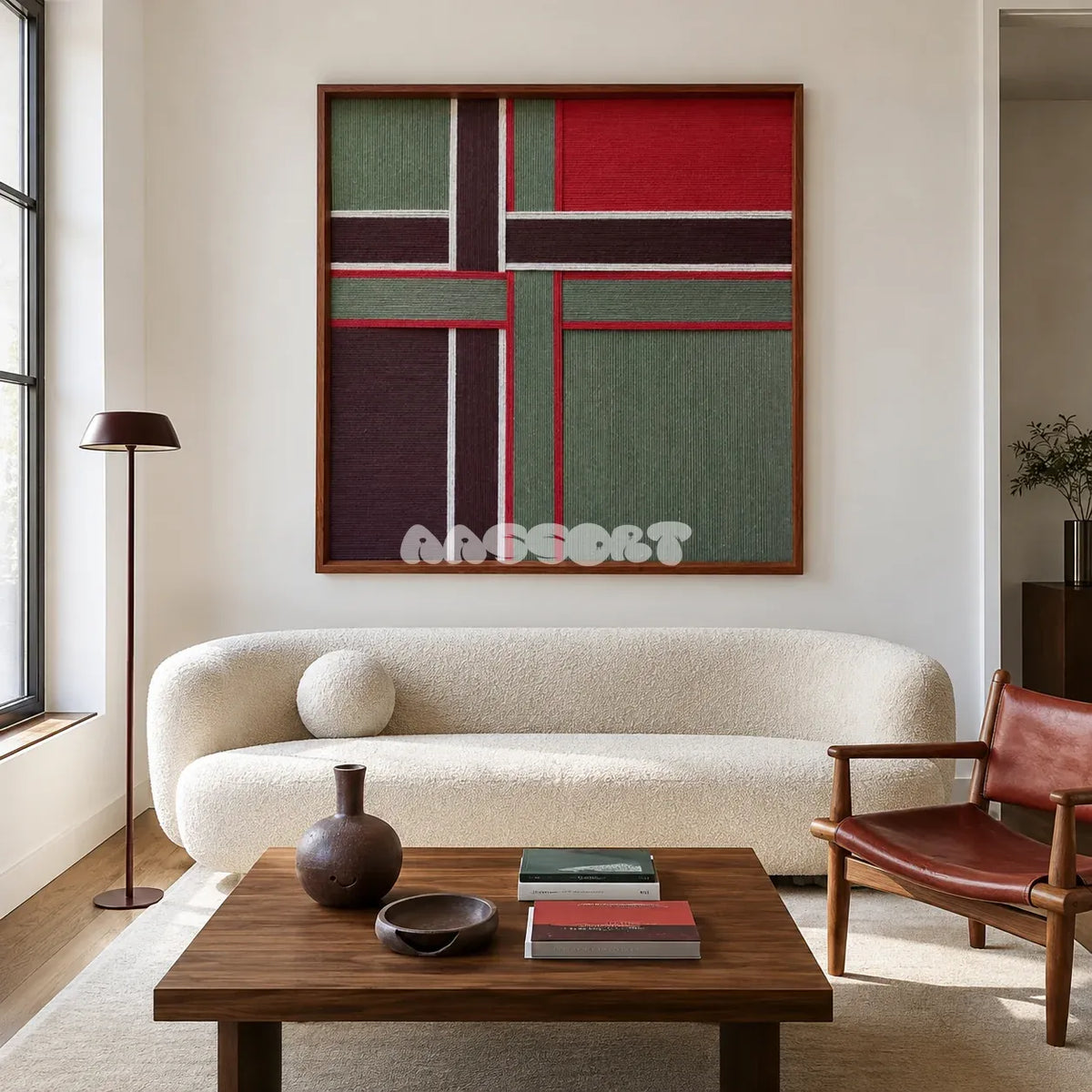 The Gift Ribbon geometric yarn wall art displayed above a curved cream sofa in a bright modern living room.