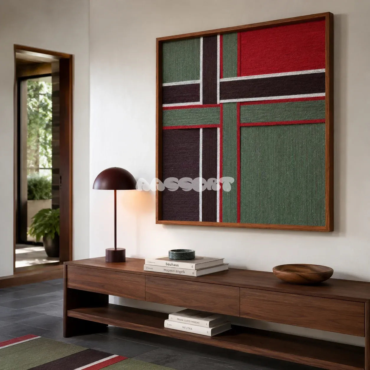 The Gift Ribbon red, moss green, dark brown, and white yarn wall art displayed above a wood console in a modern entryway.