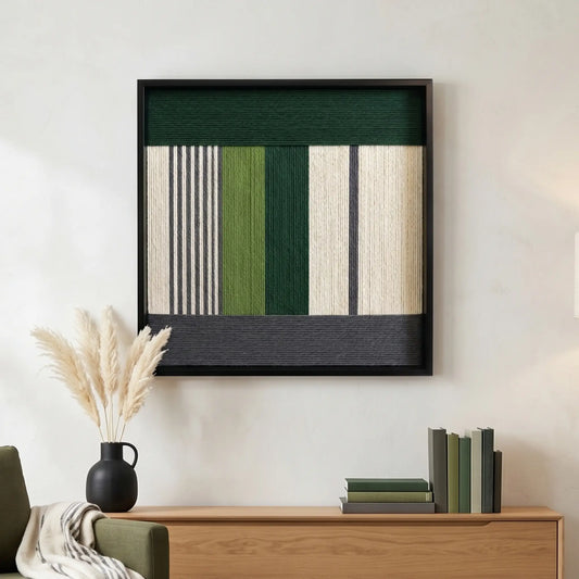 Hand-woven wool wall art with forest green and cream vertical patterns hanging above a wooden credenza with pampas grass decor.