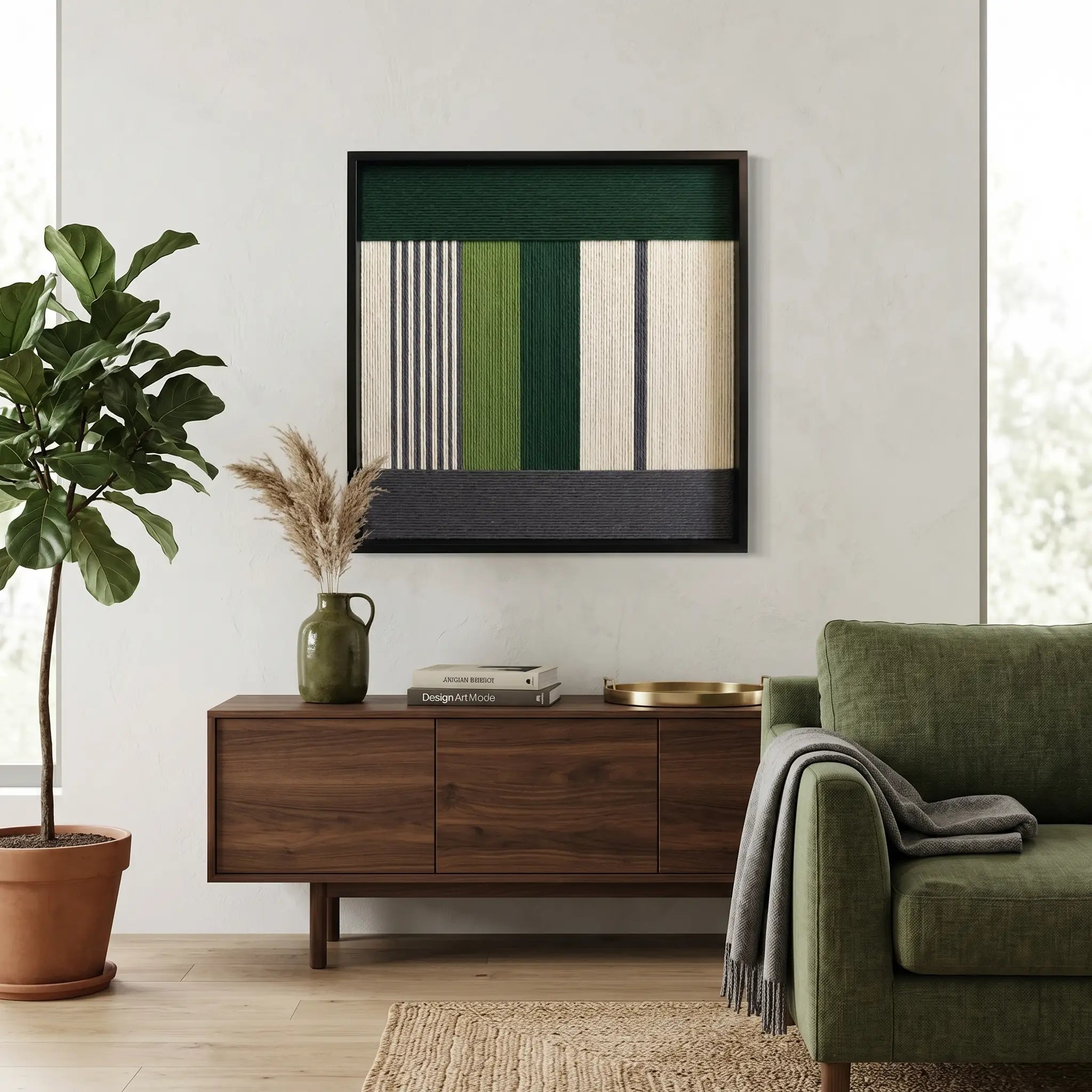 Textured wool wall hanging in a black frame styled next to a moss green sofa and a large indoor fiddle leaf fig.