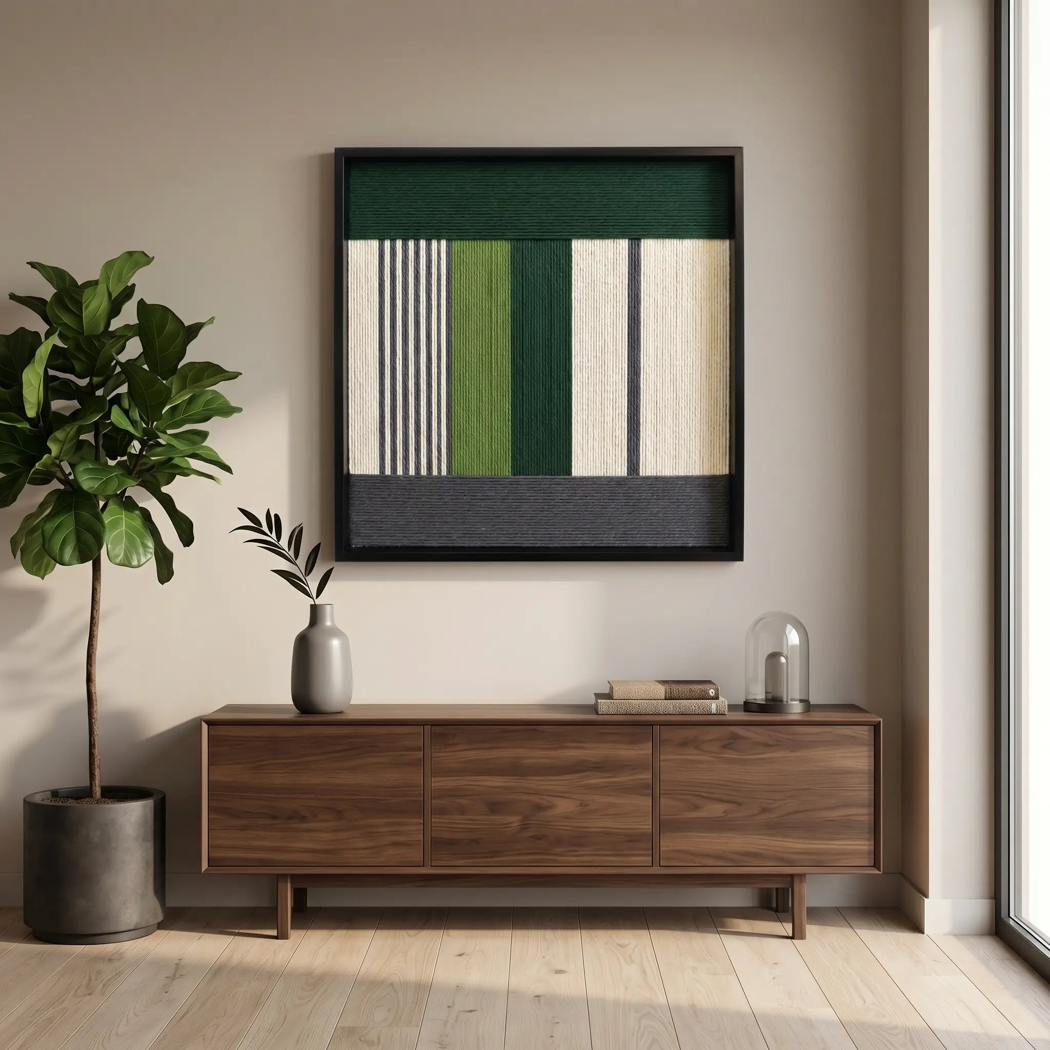 Framed fiber art tapestry with a modern geometric design displayed in a bright living room above a dark walnut sideboard.