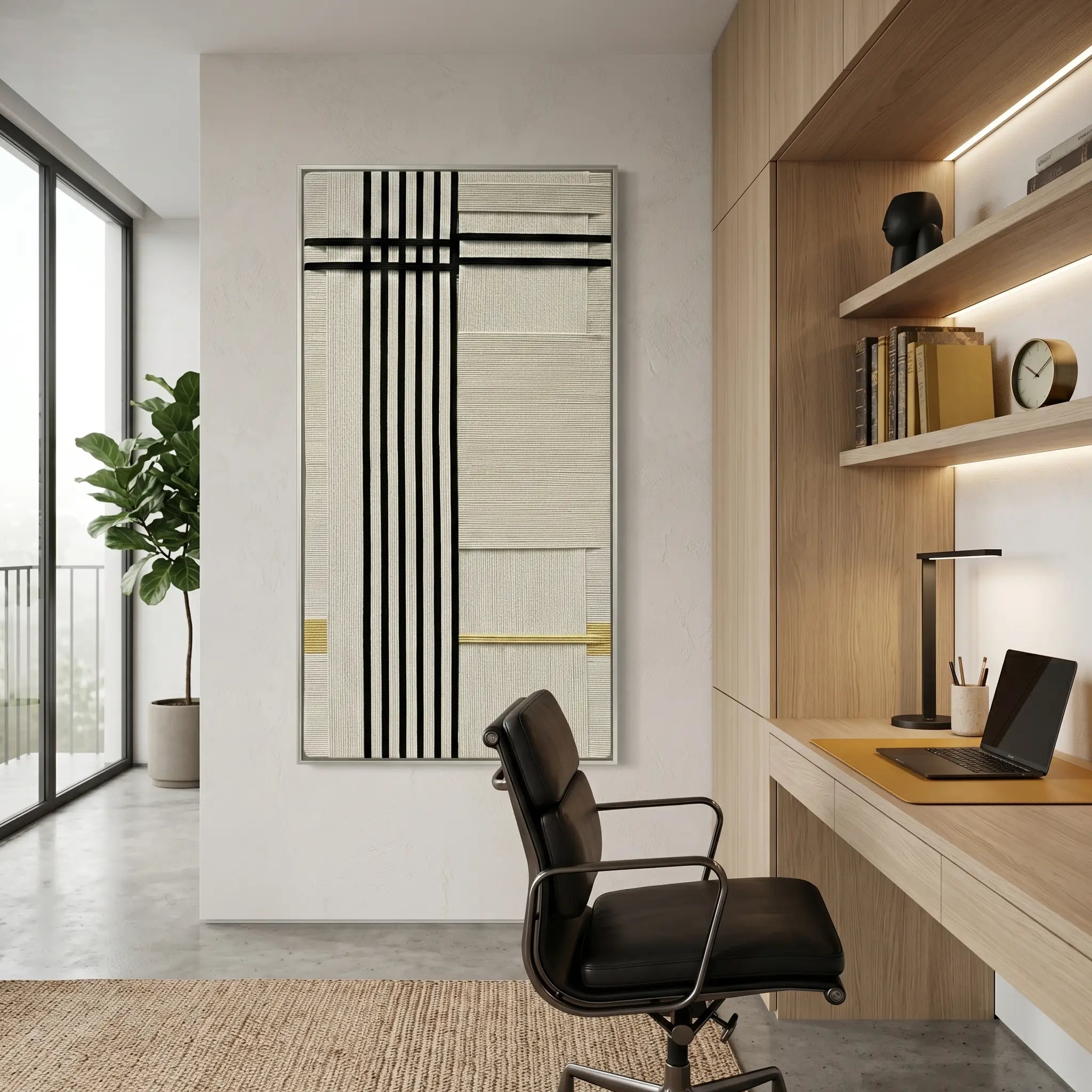 Modern hand-woven wool tapestry integrated into a stylish workspace next to a built-in bookshelf and a black leather office chair.