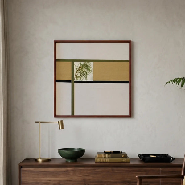 Hand-woven wool wall art featuring a geometric grid and mirror inlay hanging above a dark wood sideboard with a gold lamp.
