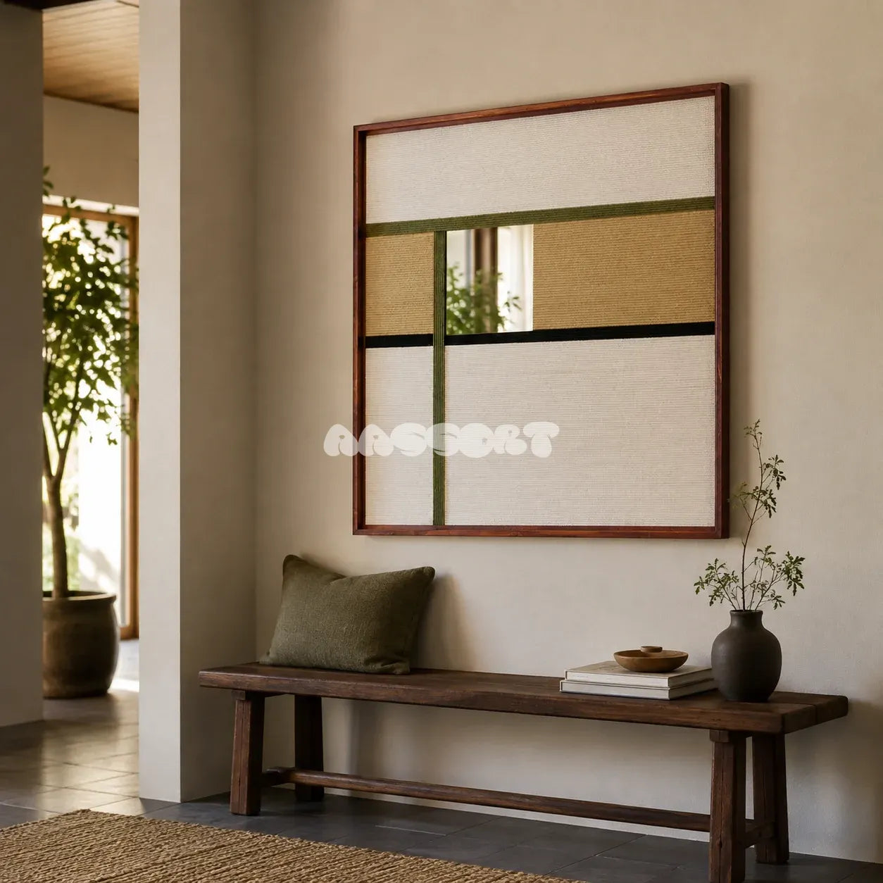 Through the Mirror neutral geometric yarn-framed mirror displayed above a dark wood bench in a calm modern entryway.