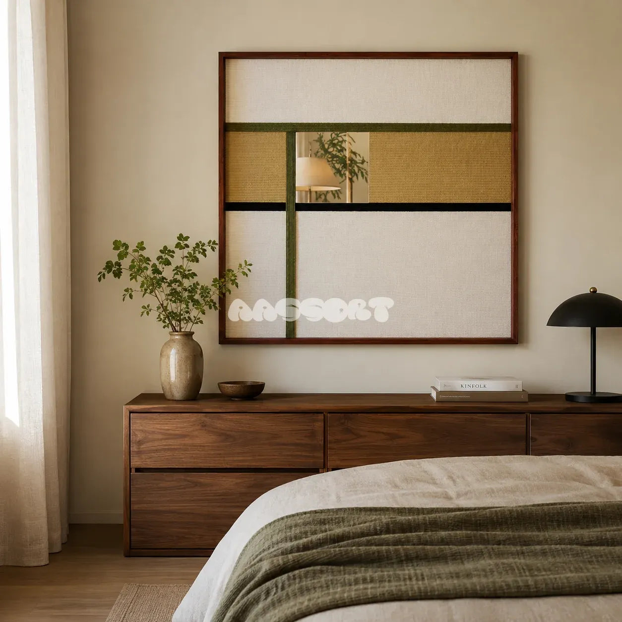 Through the Mirror cream, tan, olive, and black yarn-framed mirror displayed above a walnut dresser in a warm modern bedroom.