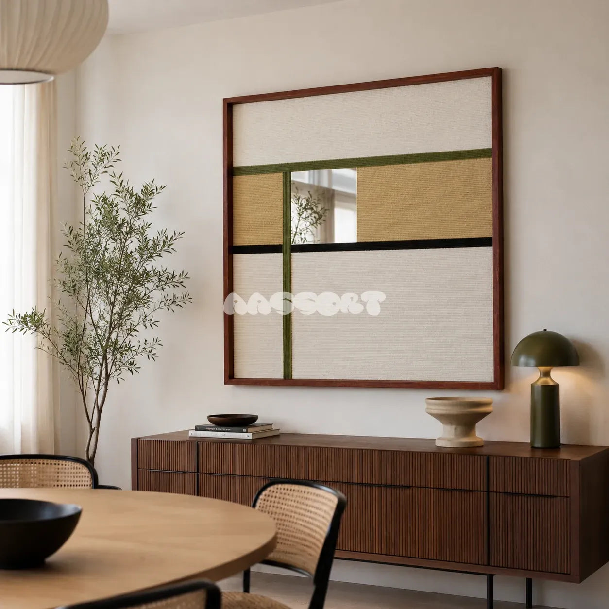 Through the Mirror cream, tan, olive, and black yarn-framed mirror displayed above a walnut sideboard in a modern dining room.