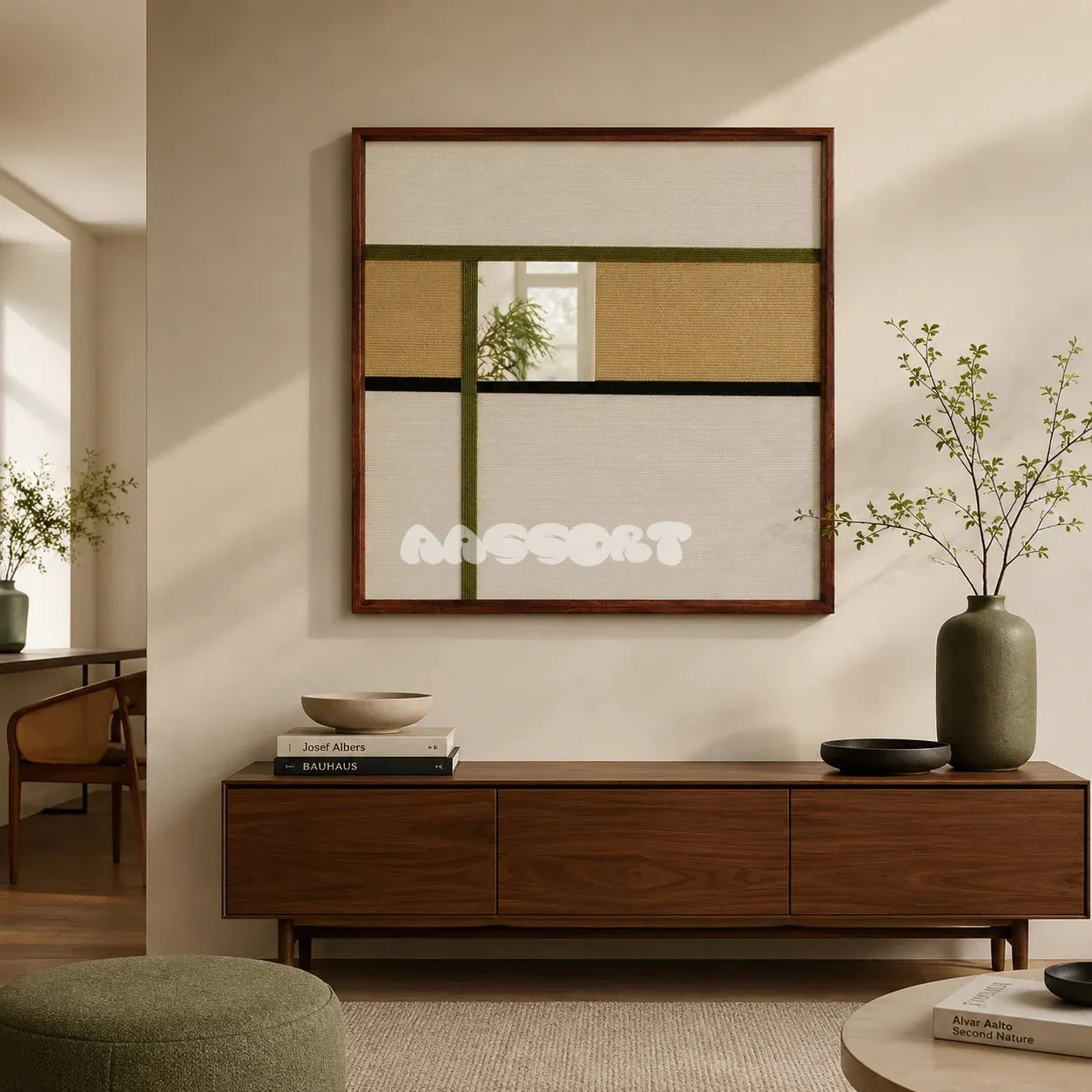 Through the Mirror cream, tan, olive, and black yarn-framed mirror displayed above a walnut console in a sunlit modern living room.